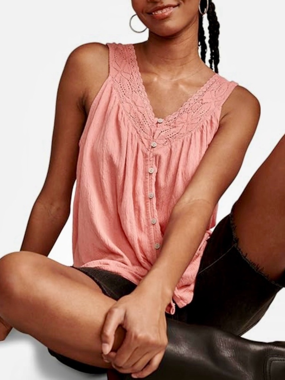 Lucky Brand Botton Front Lace Trim Top